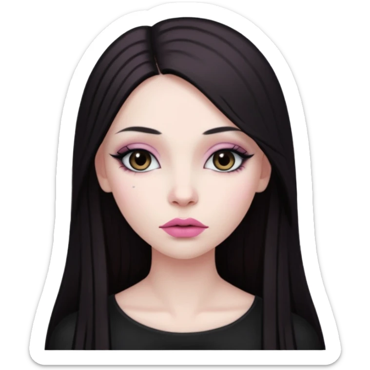 Very pale goth woman, with long dark brown straight hair and makeup and soft pink lips  sticker