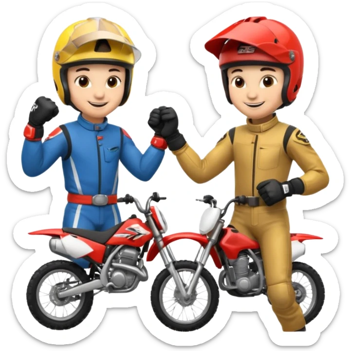 2 dirtbike racers in gear and gloves fist bumping sticker