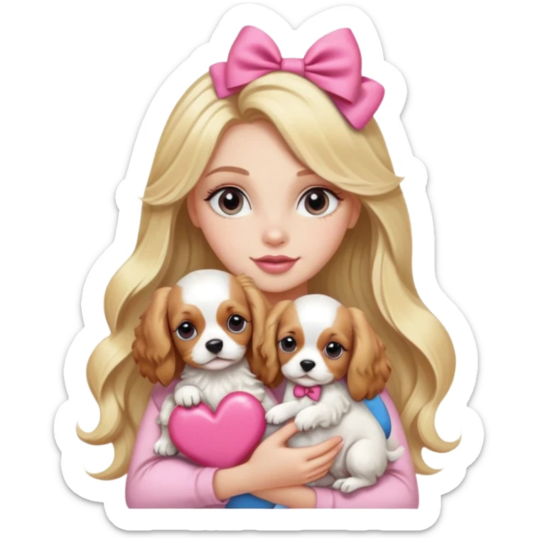 Pretty blonde bombshell girl with long hair and highlights. She has long eyelashes and a pink bow in her hair. She is holding a cavalier puppy in her arms and there is a huge heart behind her sticker
