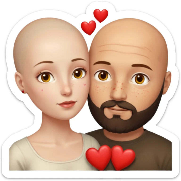 Couple. Bald man with dark brown-black beard. Woman with many small, faded, round, small freckles, white skin and she has auburn-yellow-brown dark hair. She has light yellow-brown eyes. He have hazel eyes. They look at each other. Many small red hearts around them. sticker