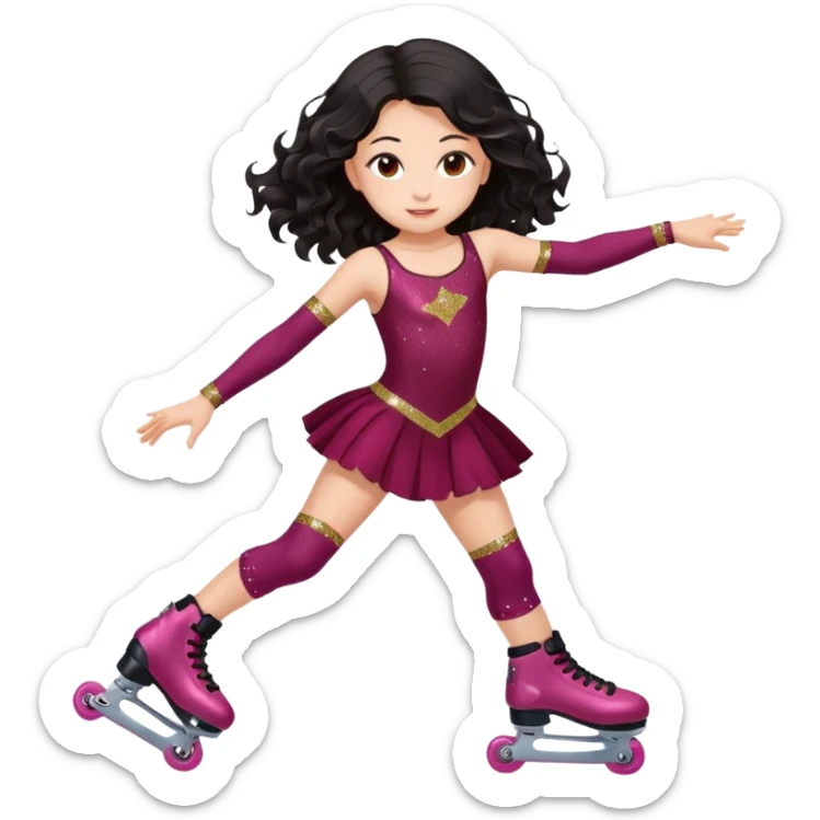 Una patinadora de 12 años y es morena de pelo y lleva un mallott granate con brillos y esta patinando con patines de ruedas en linea y su piel es clara y el pelo es largo negro ondulado e mallot tiene falda sticker