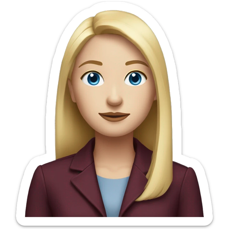 portrait of an adult girl, blue eyes, straight long bob blond hair, dark blue jacket suit, burgundy red shirt sticker