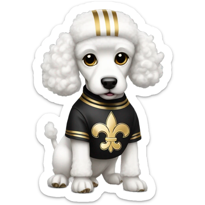 White poodle wearing a black football helmet with gold stripe and gold fleur de lis emblem sticker