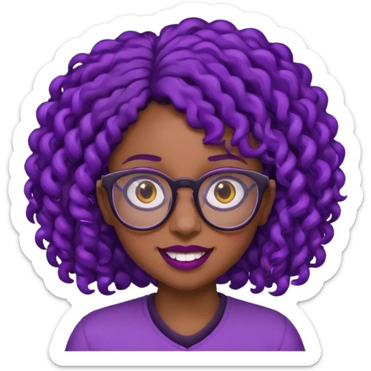 nerd emoji like with glasses showing only her buck teeth but it’s a black girl with purple black curly hair sticker