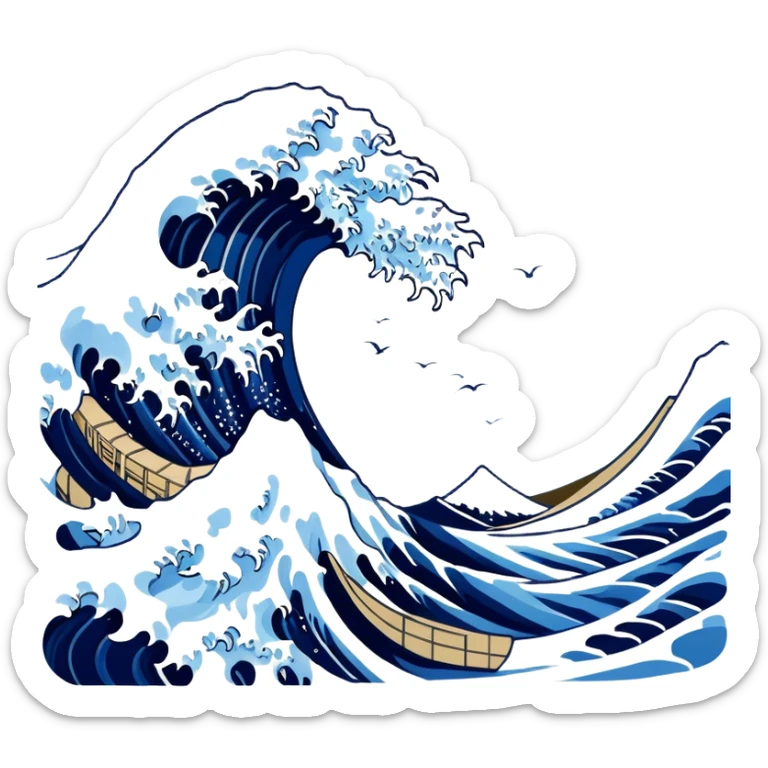 Cinematic Realistic Great Wave off Kanagawa, depicted as a colossal, crashing wave with dynamic blue hues and frothy white crests, rendered with intricate textures and fluid motion that captures both the timeless power and poetic beauty of the iconic Japanese artwork sticker