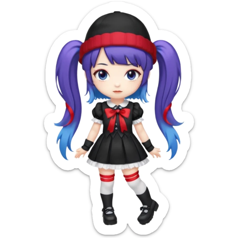 Chibi kawaii, violet eyes, black-blue twin tails, red ribbons, red beanie, black & white lolita dress with red accents, white thigh-highs, black mary janes, cute aesthetic. sticker