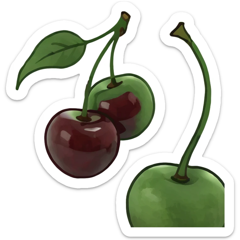 3D style pair of deep burgundy cherries with green stem, rich dark red color sticker