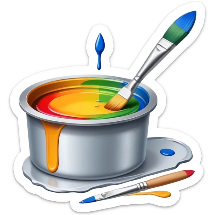 Metal painting icon, detailed work with a fine paintbrush on metal surface, vivid colors being applied to the surface of the object, visible brush strokes and paint pots, no finished artwork, just the process of painting, minimalistic style, clean lines, transparent background. sticker