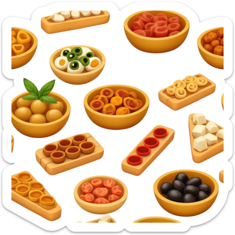 Cinematic Realistic Tapas Dish Emoji, depicted as an assortment of small, flavorful Spanish appetizers rendered with vibrant detail and warm, inviting lighting. sticker