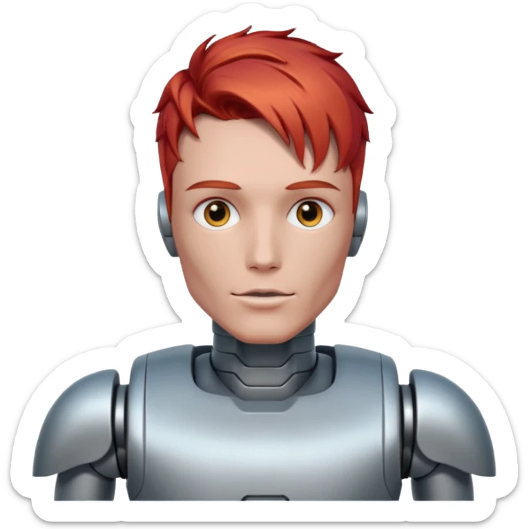 male robot with vibrant hair color and metalic face sticker