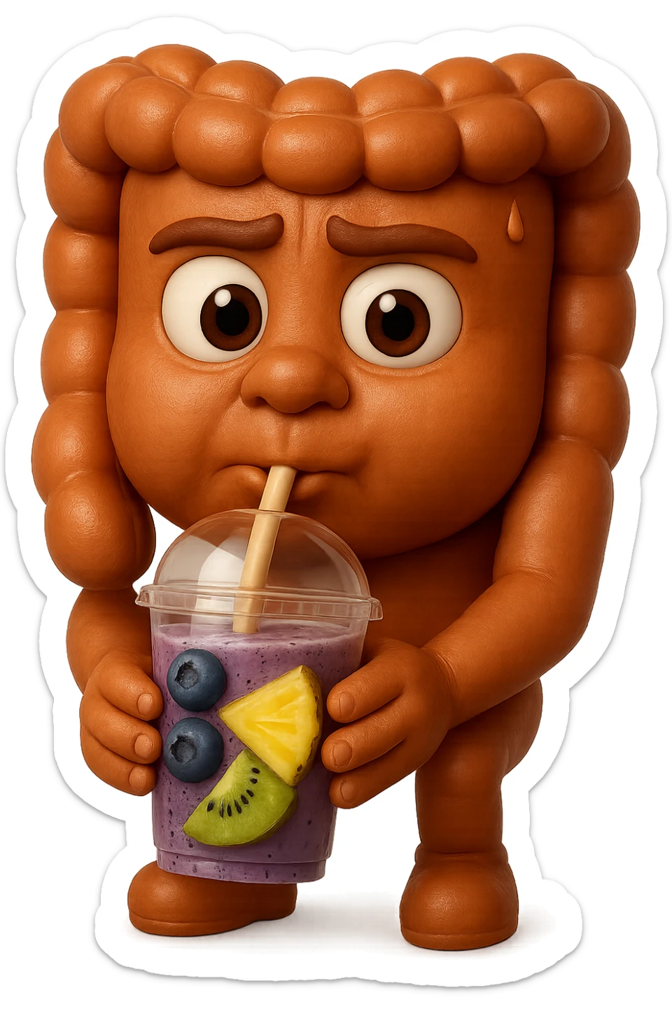 EMOJI STILE IPHONE DI un intestino umano anatomico che beve un frullato di mirtilli, ananas, kiwi, fagli anche la parte bianca degli occhi, non solo le pupille, REALISTICo 4K sticker