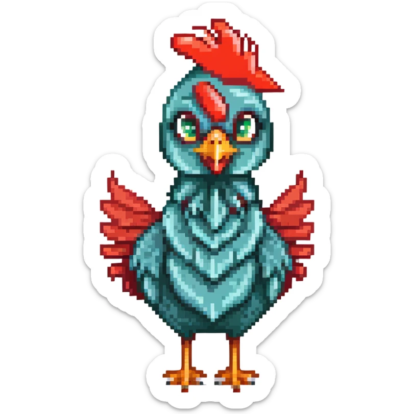 A cute blue-green rooster chicken with big eyes, red comb, small wings, skinny legs, and goofy expression sticker