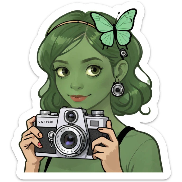 Aesthetic girl with soft makeup, butterfly clips in her hair, holding a vintage camera, pastel glow style” sticker