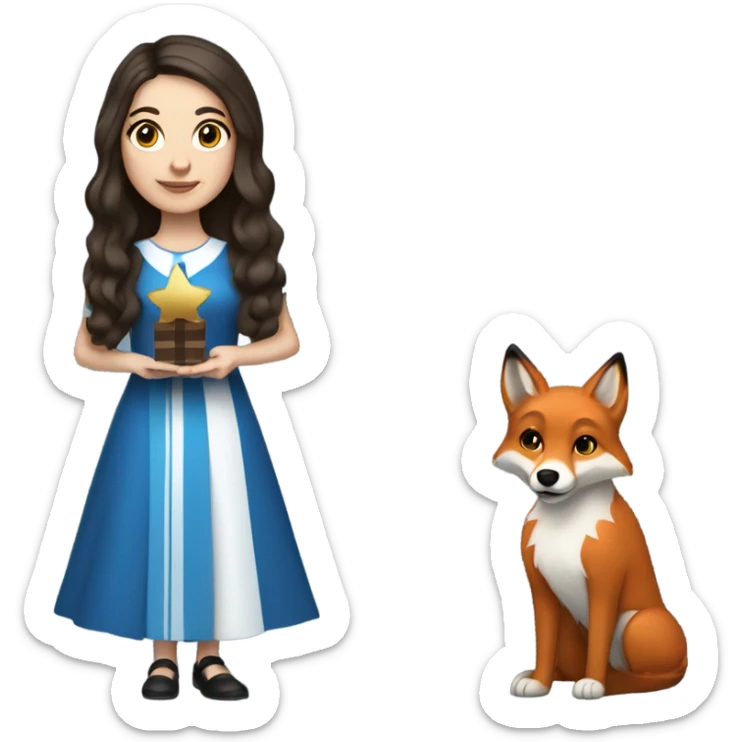 White girl in a dress for Hanukkah with long wavier dark brown hair holding something holiday related with her red fox looking dog  sticker