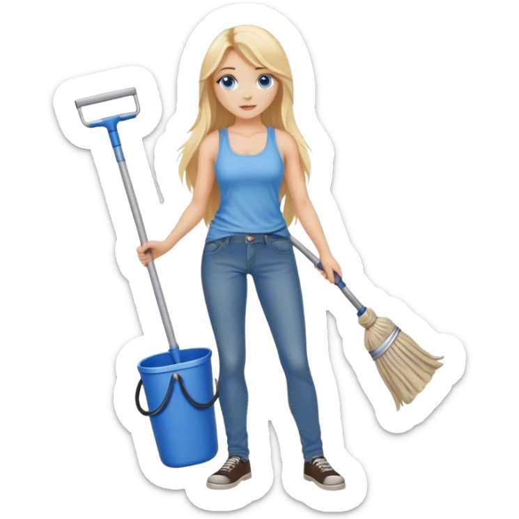  blonde with long hair and blue eyes, dressed in jeans and a tank top, holding a mop in her hands sticker