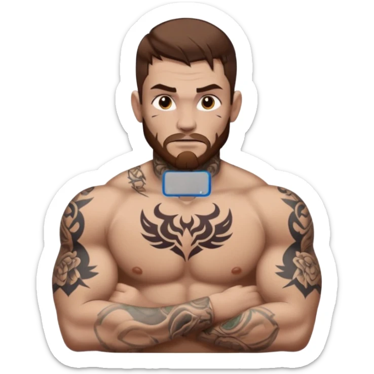tattoo man, fair white skintone,brown hair, tattoos on face, more visible, bulky man with tattos on his chest, heavy tattoos. sticker