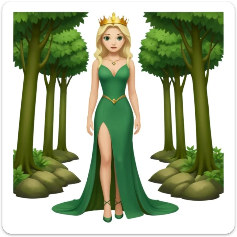 Queen, crown, blonde hair, green eyes, long green tight dress, decoltee,  Leg slit, whole Body, Background forest  sticker