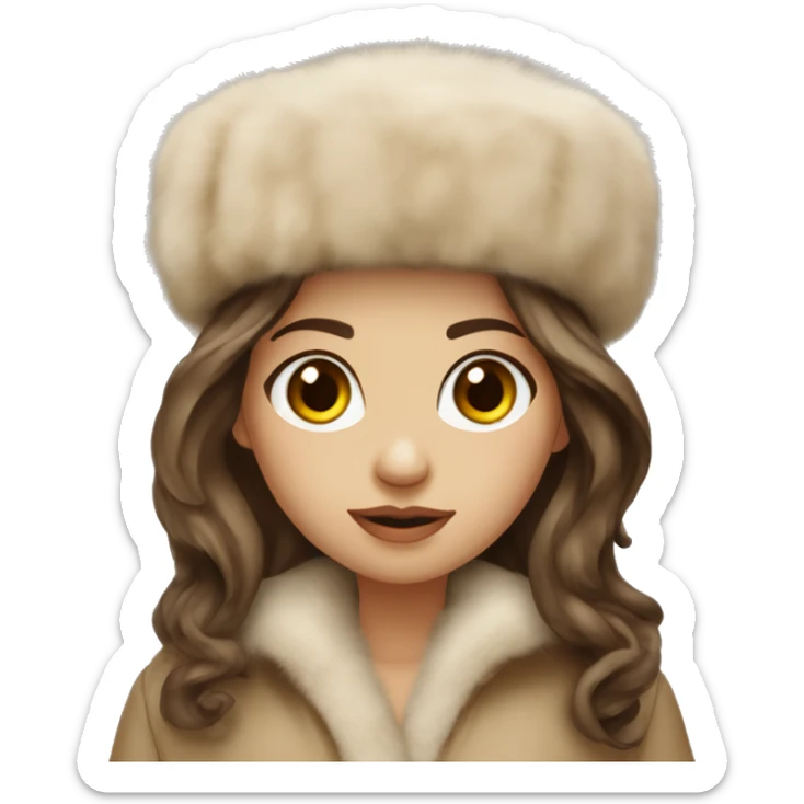 Slavic girl with dark eyes and brown wavy long hair wearing a beige fur hat and beige Mink fur coat sticker