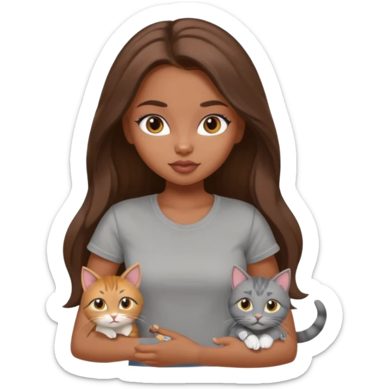 a pretty bratz dusky girl with long brown hair with four cats nd wearing a grey tshirt sticker