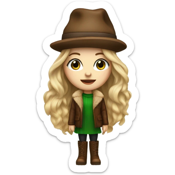Realistic White girl with Long straight blonde hair, green eyes, tattoos, full body wearing Brown fur coat and fur hat and Brown leather boots sticker