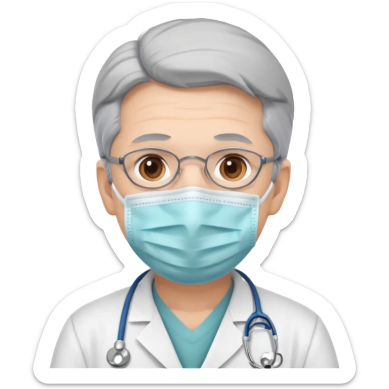 This is a cartoon-style avatar of a doctor with gray hair, wearing a face mask sticker