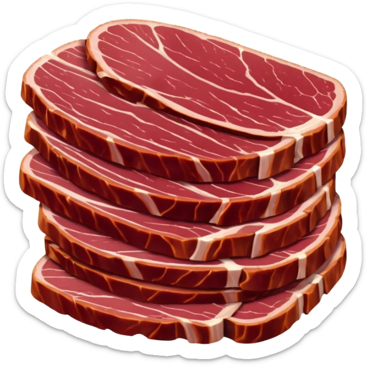 several thin slices of air-dried beef, rich burgundy-red, glossy and smooth, edges darker and curved, visible fine grain, slices overlap, no board or garnish, soft lighting, emoji size sticker