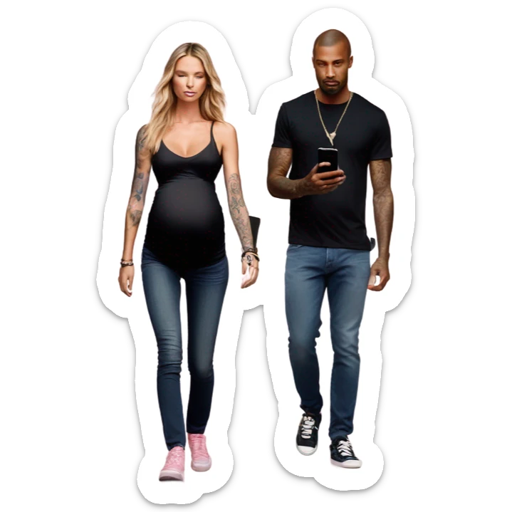 Photo of a Victoria secret model pregnant walking next to a tattooed male model on their cell phones sticker