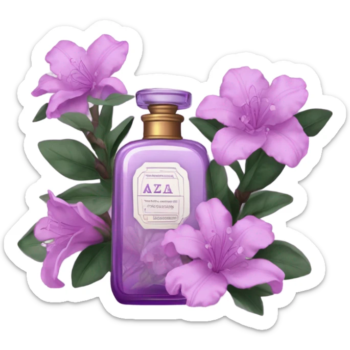 Aesthetic ensemble of soft purple azaleas alongside a charming vintage purple perfume bottle.
 sticker