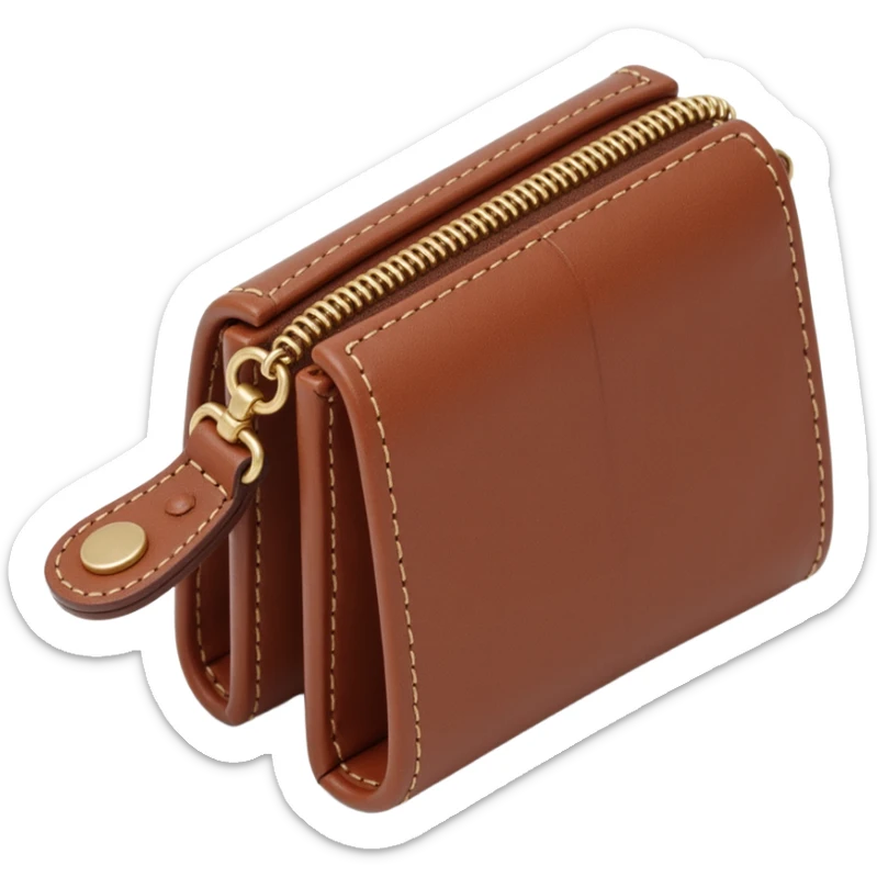 leather wallet icon, skeuomorphism style, visible stitching, texture details sticker