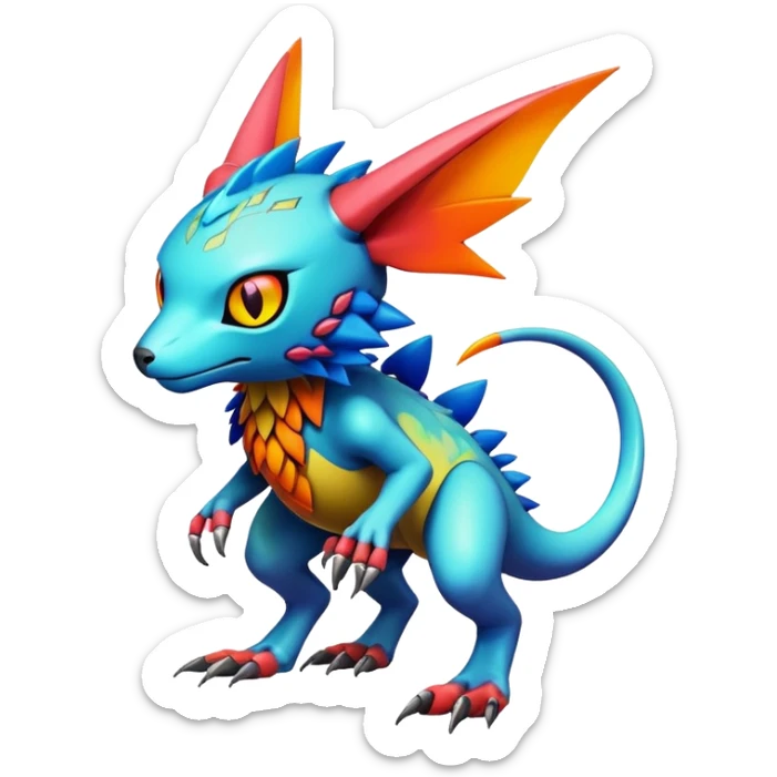  colorful warm modern cyber-Fakémon-Digimon-Trico-Vernid-creature (full body) sticker