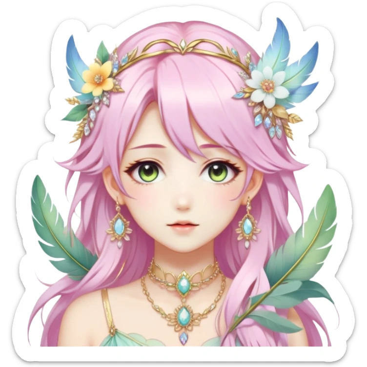 Beautiful gorgeous anime lady with beautiful pastel-special-hair, fashion aesthetic, ethereal, fairycore, pastelcore, feather, flower, crystals, accessories, gold jewelries, gold, colorful, gold laurel, gold halo, sticker