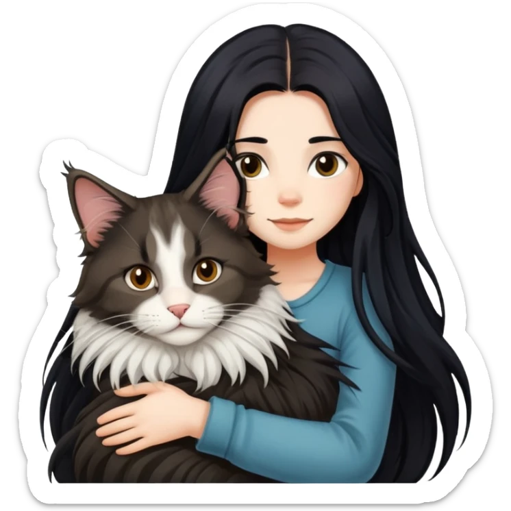 A girl with long black  hair tightly hugged a Maine coon sticker