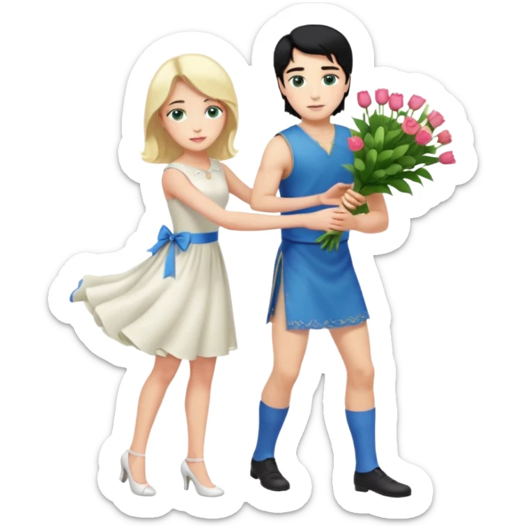 prince, upright, black Hair, blue eyes, Woman, blonde Hair, Green eyes, bending knee, sleveless White Dress, sticker