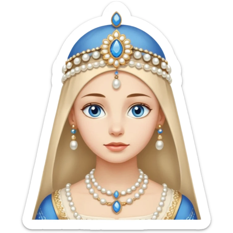 Slavic-looking girl with fair skin and blue eyes, wearing a kokoshnik with pearls and gold sticker
