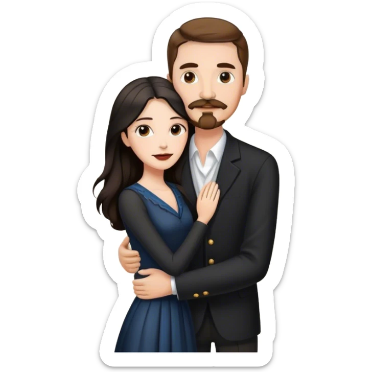 tall white man with brown hair goatee mustache embracing a pale woman with long black hair, wearing elegant clothing standing sticker
