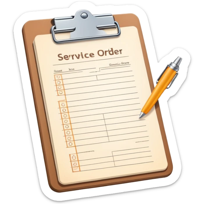 clipboard holding a simplified service order paper with faint lines, with a small gear symbol, clean vector art, bright colors, isolated sticker