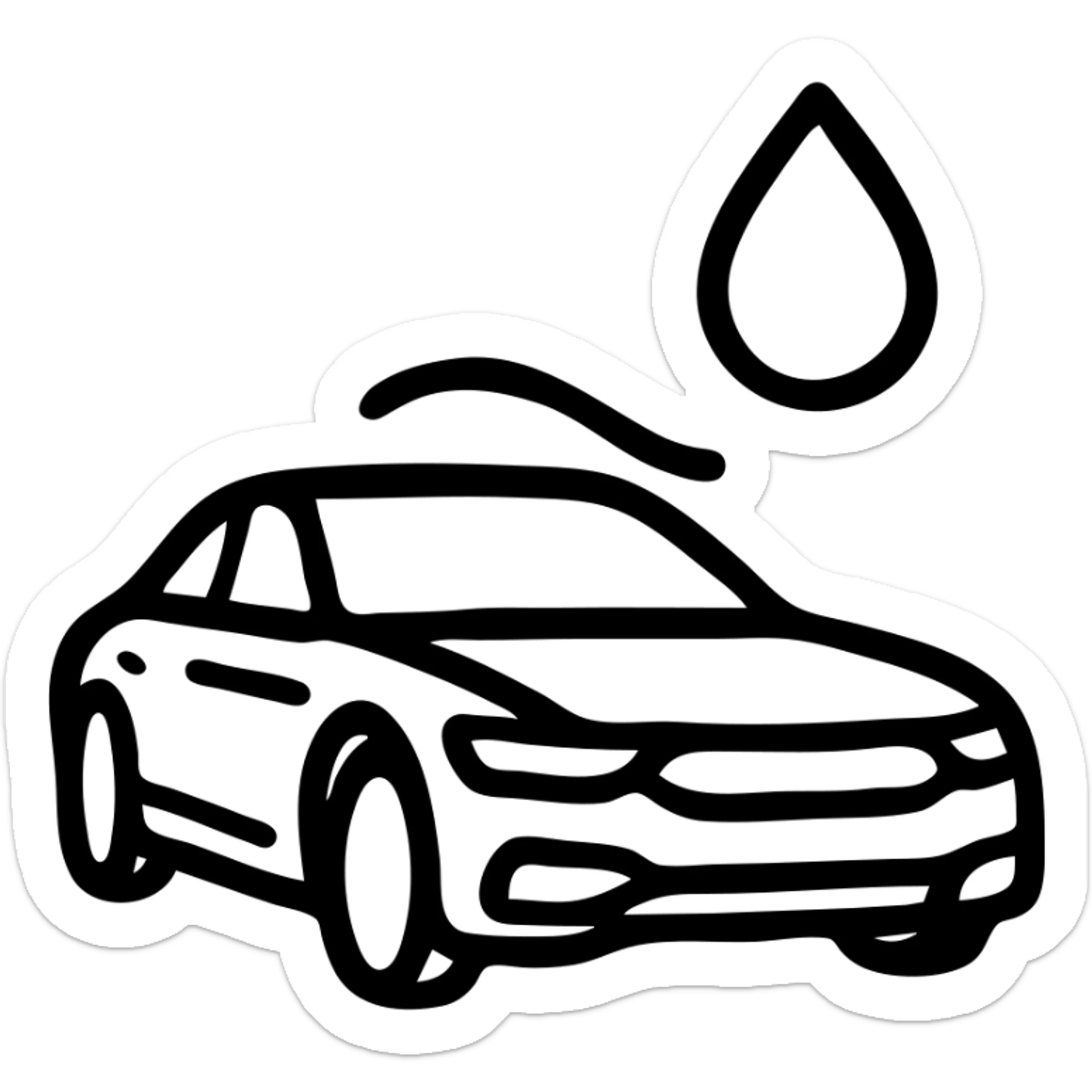 outlined icon of a full premium vehicle with glossy black paint, strong mirror-like shine and reflections, water droplet sliding on the hood or roof, clean lines, subtle repellent effect, modern and simple sticker