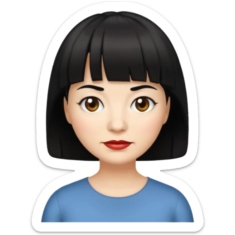 Illustrated emoji of a middle aged woman with short black hair and bangs, white skin and dark eyes sticker