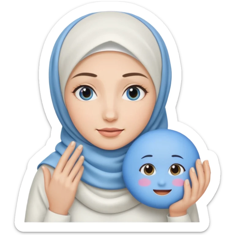 white pretty woman with white hijab holding a blue cushion foundation emoji sticker
