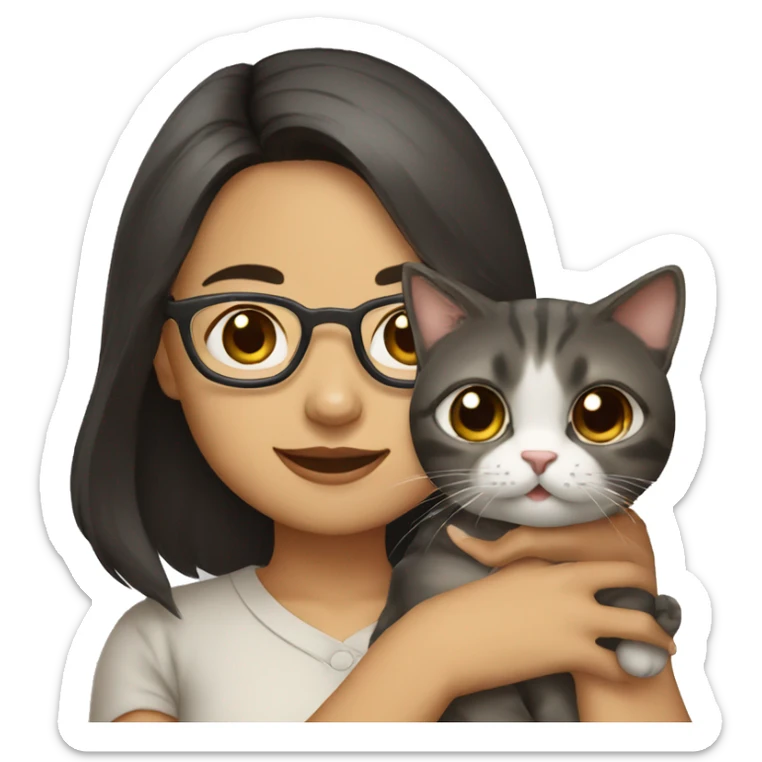 Southeast asian girl wearing glasses and shoulder length hair holding a cat sticker