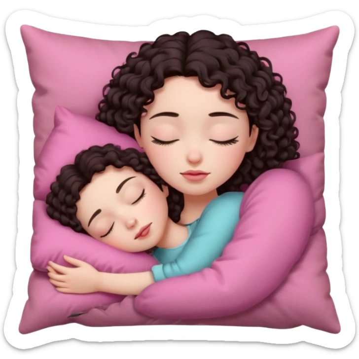 Sleeping girl on pink pillow dark curly hair pale skin sticker