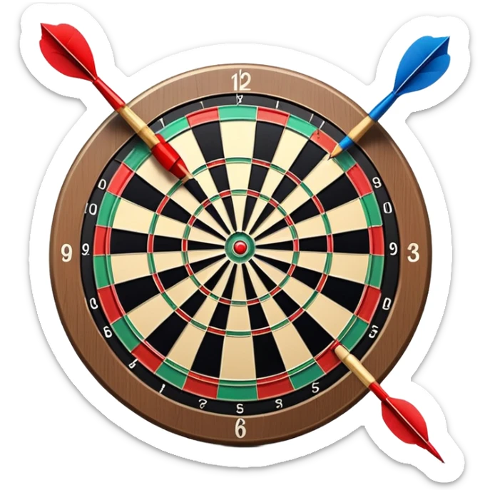 A dartboard with darts firmly stuck in the bullseye, surrounded by the colorful sections of the target. The background conveys a competitive atmosphere, with a subtle focus on precision and skill in the game of darts. sticker