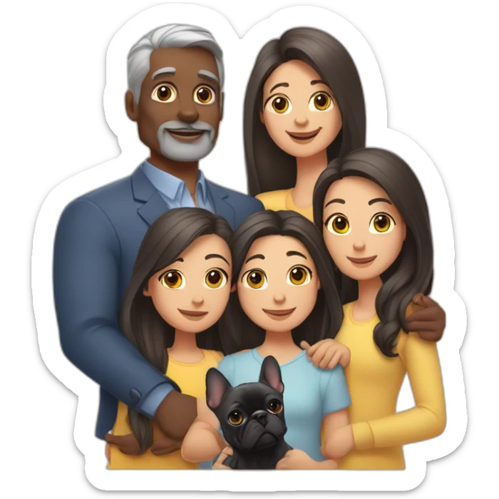 Family of five-dad-mother-with-grey-hair-and-two-brunettes-daughters-with-long-hair-and-just-one-black-French-bulldog sticker