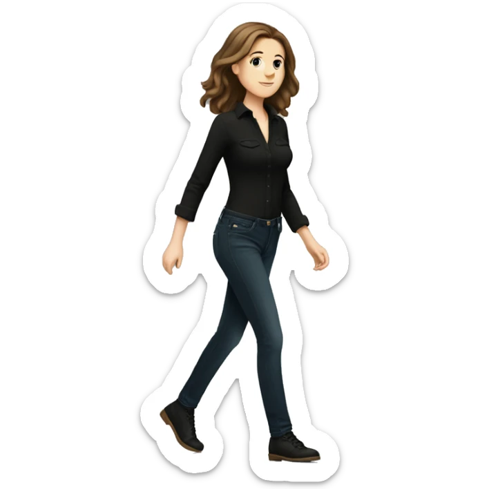 A white  girl with shoulder-length brown hair in black jeans and a black blouse is walking to the right sticker
