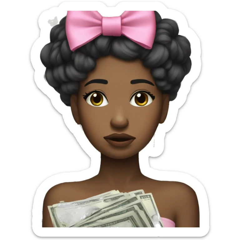 Stylish black girl crying with pink bow on her hair and stack of money on one of her hands sticker