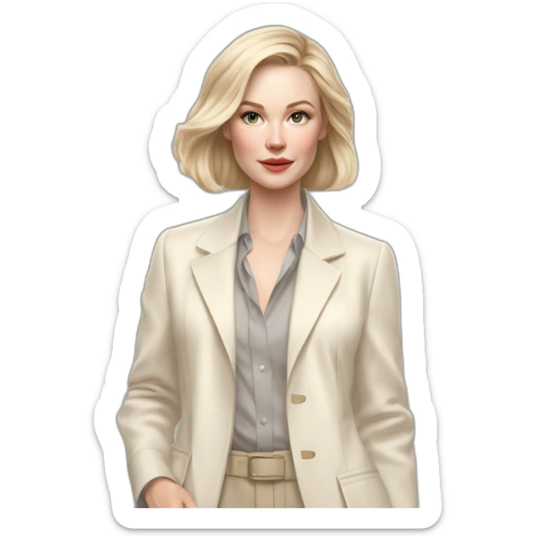 pale skin woman with ash blonde Straightened bob Hair, White Spacious classical jacket, beige palazzo Arrow pants and gray blouse holding white IPhone 15 pro in the hands sticker