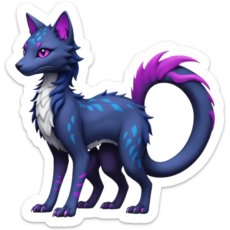 Kawaii dark edgy gloomy black grey white dark-abyssal-blue ethereal feline-vernid-sergal-fursona animal creature with a tufted tail full body with intricate markings with magenta eyes sticker
