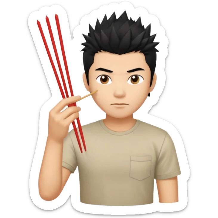 Make it a vietnamese male with spiky black hair holding only ONE pair of chopsticks, t-shirt sticker