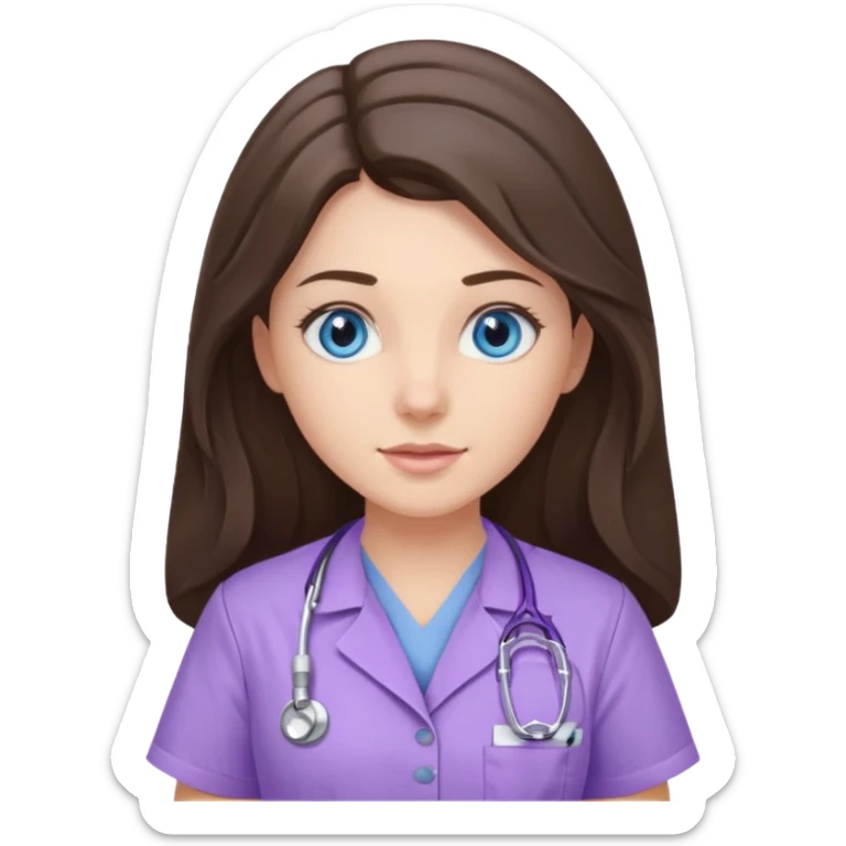 pretty brunette nurse with long hair and blue eyes in lilac scrubs sticker