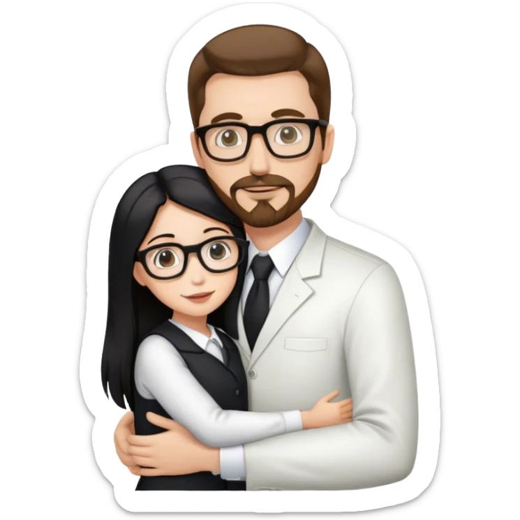Tall white man brown hair and goatee hugging small woman long black hair square glasses, professional sticker